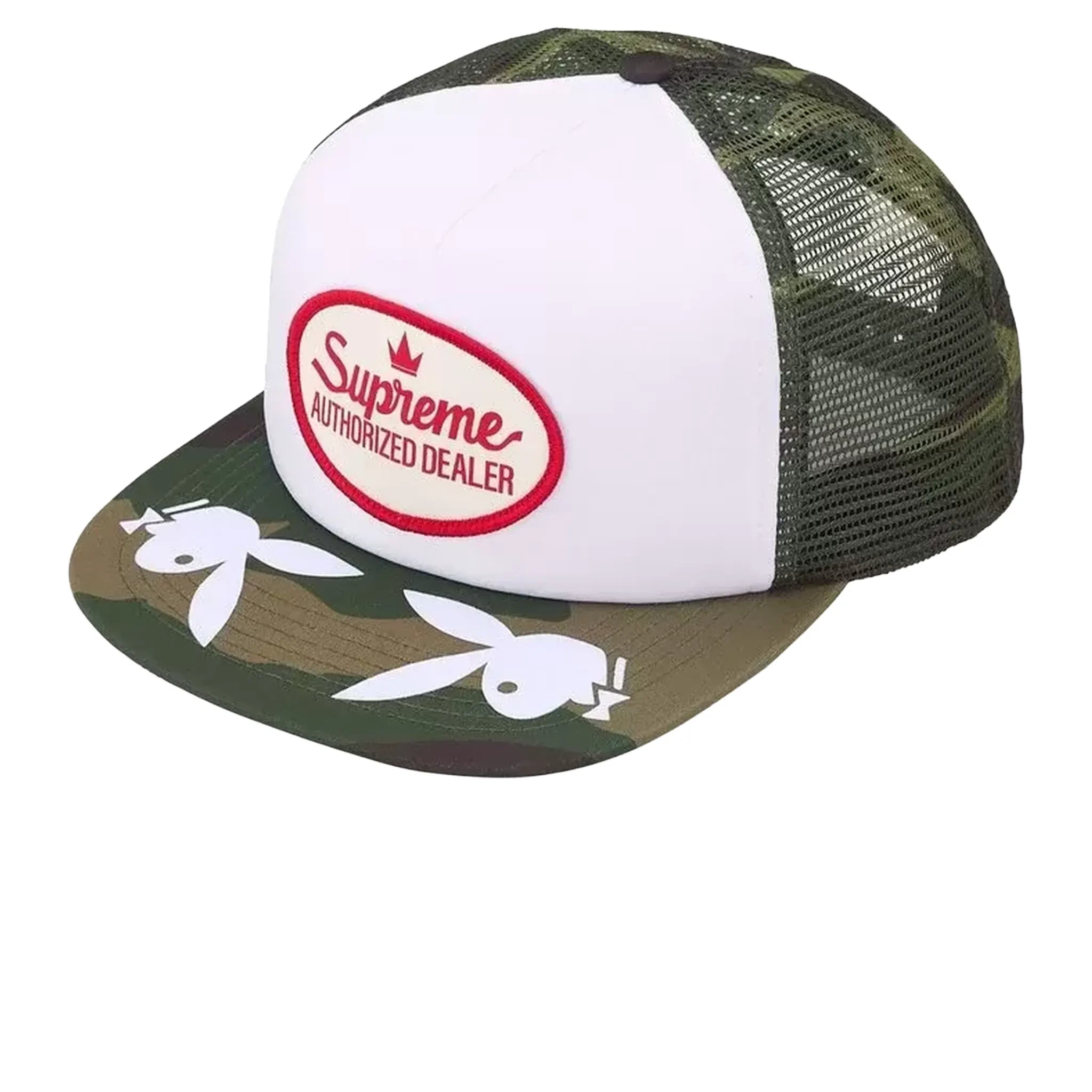 Front View of Supreme x Playboy Mesh Back 5 Panel Woodland Camo (SS26)